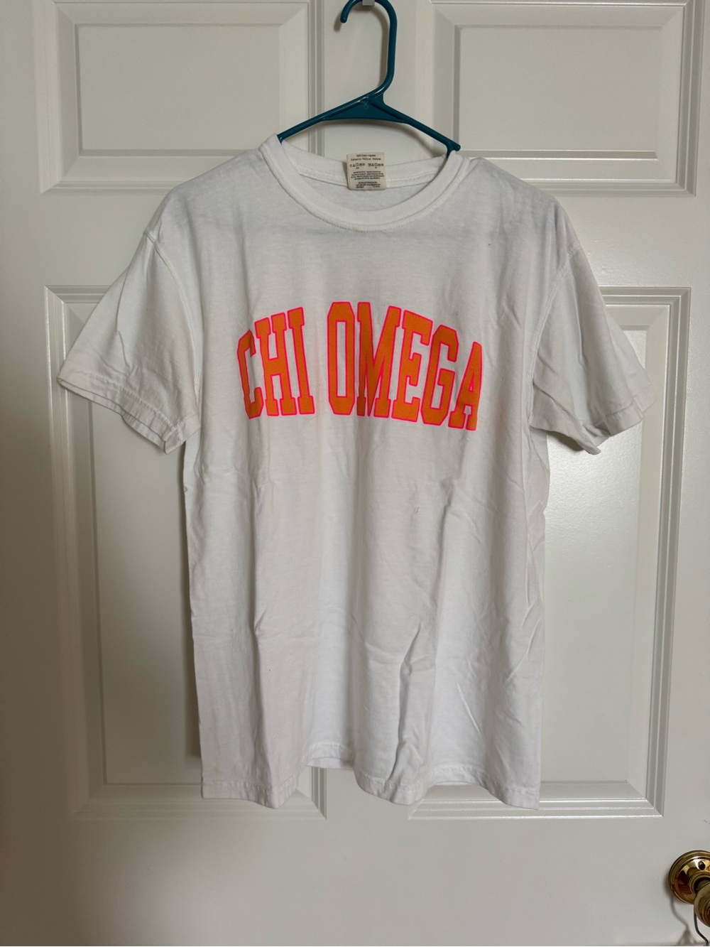 Comfort Colors White Tee with Neon Orange-Pink Chi Omega Graphic